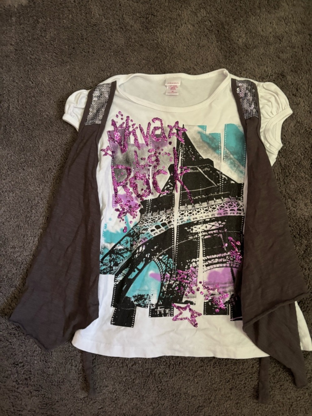 Girls L Y2K Xhilaration Glitter Sequin Paris Viva La Rock Top